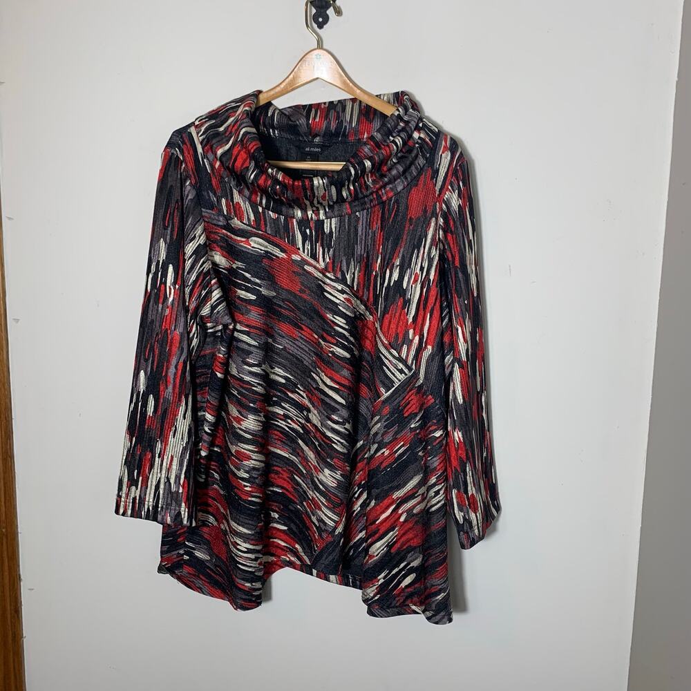 Womens Plus Size Ali Miles Cowl Neck Tunic Blouse Black Patterned Size 2X EUC!